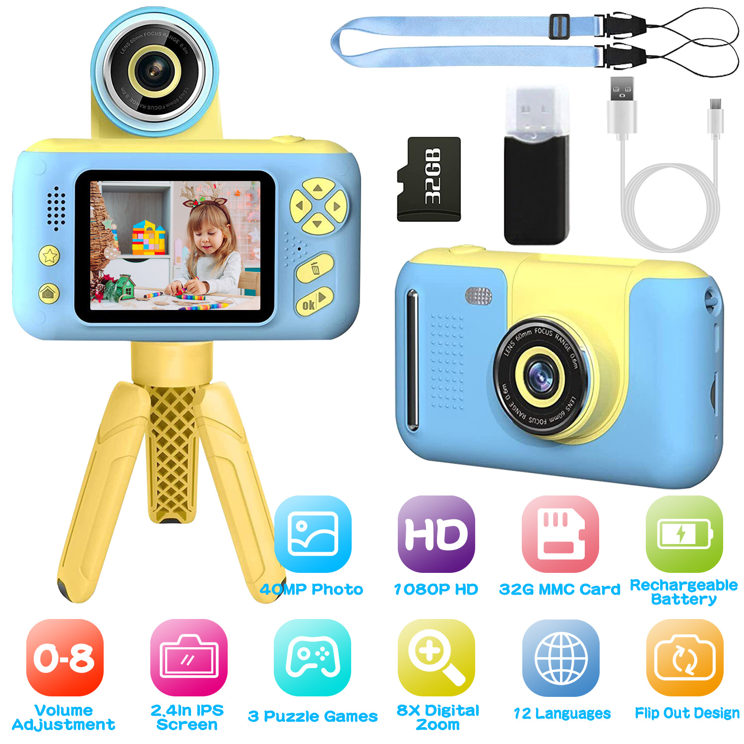 1Pc Kids Digital Camera With Flip Lens 
